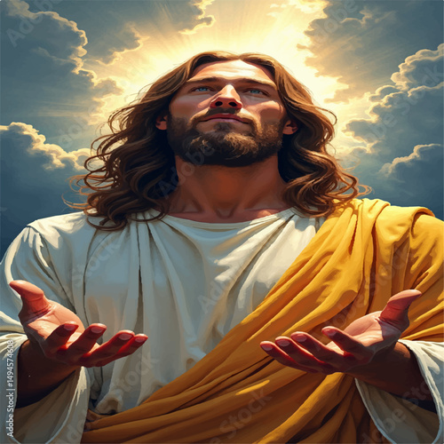 Jesus Christ gazes skyward, his face radiating beauty.