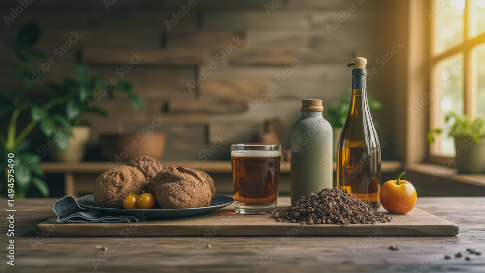 Fototapeta premium Rustic kitchen scene with artisan bread, drinks, and fresh ingredients arrangement