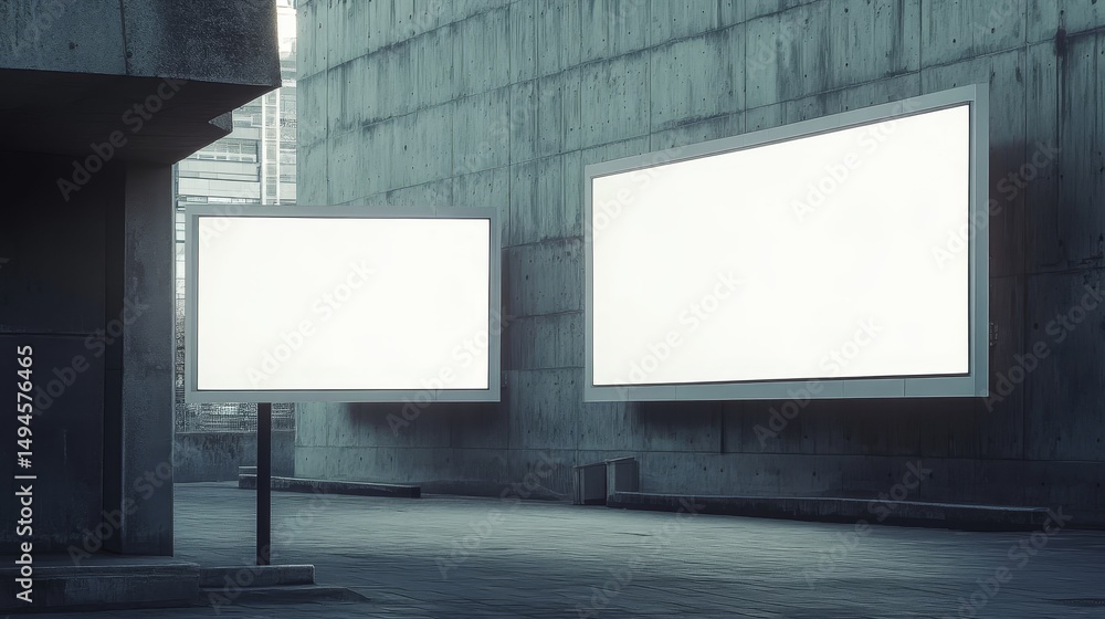 Two blank, modern billboards ready for ads. They're white and digital, like big screens on a wall in a city space.
Two blank, modern billboards ready for ads. They're white and digital, like big screens on a wall in a city space.