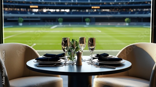 A beautifully set table with wine glasses and plates awaits guests in a luxury suite overlooking the vibrant green sports field of a grand stadium arena venue.
