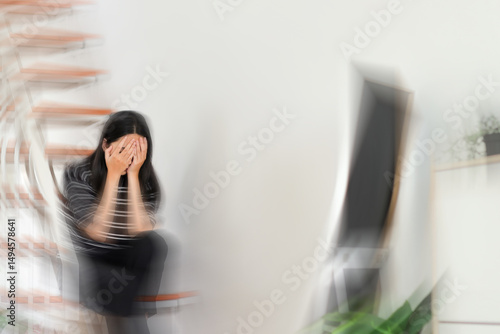 Young Female Suffering From Dizziness, Vertigo And Headache While Sitting