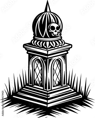 SVG skull tattoo featuring cyber mechanic elements in detailed vector style. Decorative Gravestone with Skull and Ornate Finial Design