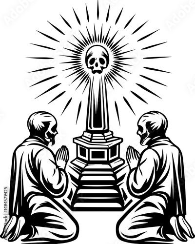 SVG skull tattoo featuring cyber mechanic elements in detailed vector style. Monks Praying in Front of a Skull Surrounded by Radiating Light
