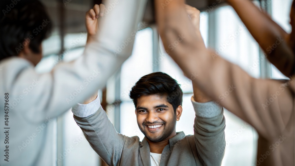 Obraz premium Celebratory Office Scene with Indian Team Happy About Performance Results 