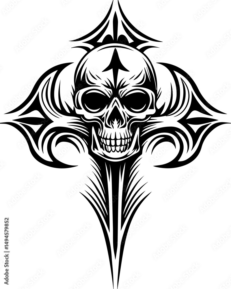 Fototapeta premium SVG skull tattoo featuring cyber mechanic elements in detailed vector style. Intricate Skull Design with Cross and Decorative Elements