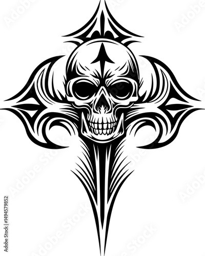 SVG skull tattoo featuring cyber mechanic elements in detailed vector style. Intricate Skull Design with Cross and Decorative Elements