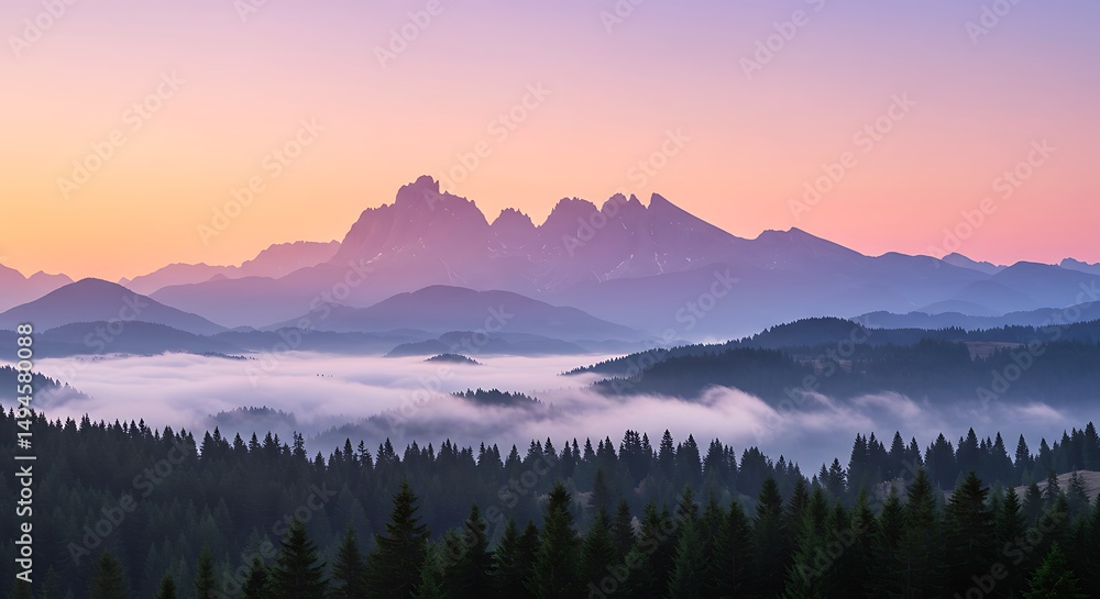 Fototapeta premium Misty Mountain Sunrise: Serene Lavender Hues and Silhouetted Peaks