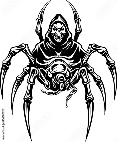 SVG skull tattoo featuring cyber mechanic elements in detailed vector style. Dark Grim Reaper Spider with Skull and Cloak Design for Artwork