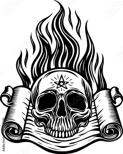 SVG skull tattoo featuring cyber mechanic elements in detailed vector style. Skull with Flames and Scrolls Design for Tattoo or Artwork Inspiration
