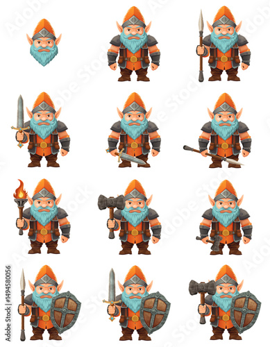 cartoon fantasy dwarf character with a bright blue beard and armor wearing an orange hat he stands firmly with a determined expression the design is a colorful vector illustration emphasizing fantasy 