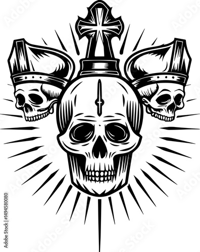 SVG skull tattoo featuring cyber mechanic elements in detailed vector style. Detailed Illustration of Skull with Crown and Cross Symbol Design