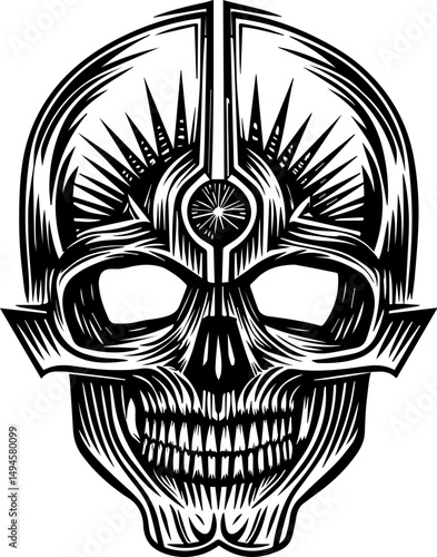 SVG skull tattoo featuring cyber mechanic elements in detailed vector style. Intricate Skull Design with Geometric Patterns and Sharp Features
