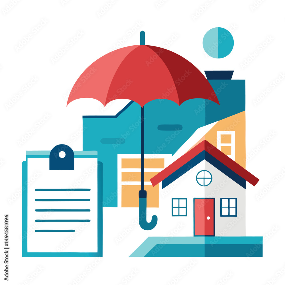 Fototapeta premium House property insurance, house and insurance document under umbrella vector illustration.
