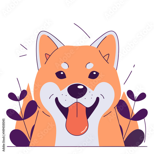 Happy shiba inu dog with purple plants isolated on white background