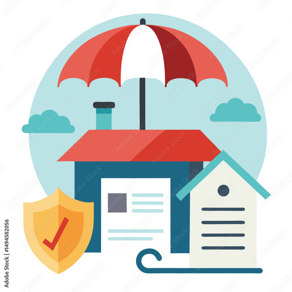House property insurance, house and insurance document under umbrella vector illustration. House property insurance, house and insurance document under umbrella vector illustration.