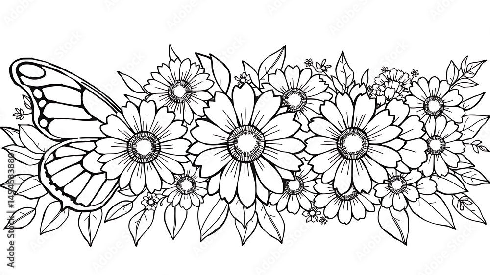 custom made wallpaper toronto digitalElegant black and white line art illustration of butterflies and floral arrangement