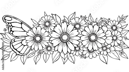 Wallpaper Mural Elegant black and white line art illustration of butterflies and floral arrangement Torontodigital.ca