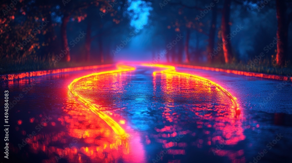Neon path through a wet forest at night Neon path through a wet forest at night