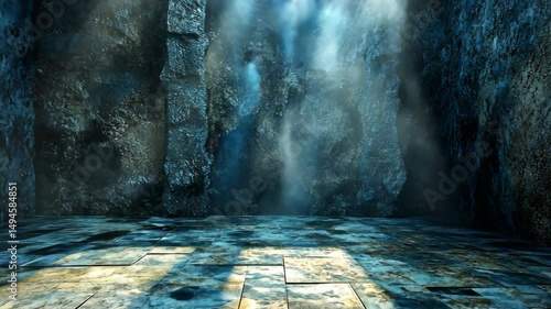 Mystical stone chamber with ethereal light beams illuminating a tiled floor