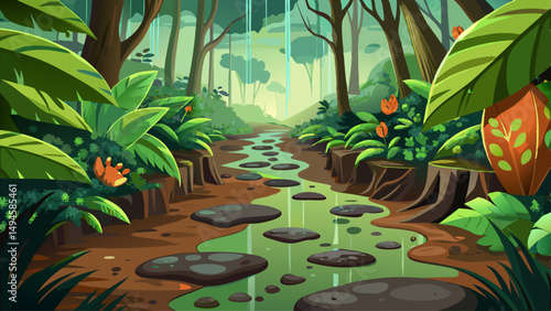 Footsteps sink into damp earth along a moss-covered trail beneath giant, dew-laden leaves