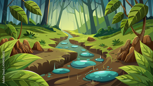 Footsteps sink into damp earth along a moss-covered trail beneath giant, dew-laden leaves