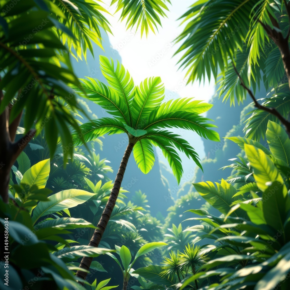 Fototapeta premium Lush Green Tropical Jungle with Palm Trees and Sunlight