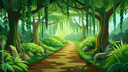 A winding moss-covered path snakes through the dense rainforest, where ancient trees tower above