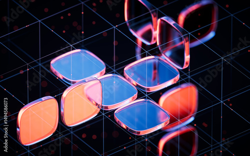 Fototapeta Naklejka Na Ścianę i Meble -  Abstract neon glass geometry cubes, 3d rendering.