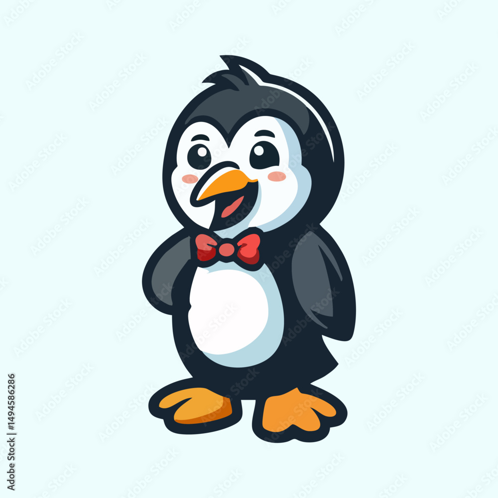 Obraz premium Happy Fun Penguin Mascot Character Logo Design in Cute Vector Illustration for Animal Branding Emblem Icon Merchandise Digital Art Illustration Creative Cartoon Concept Flatdesign Promotion