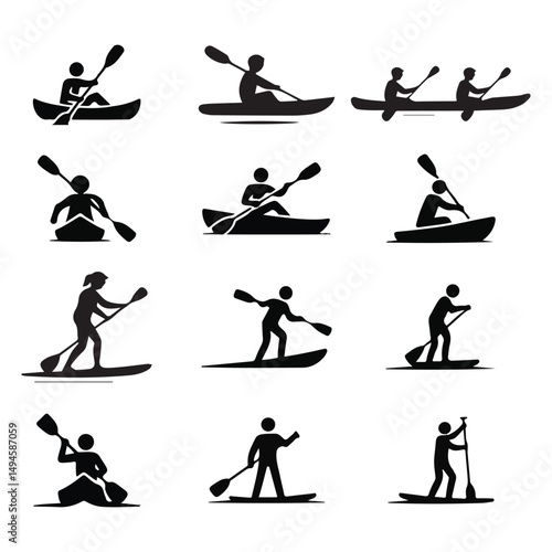 Flat Vector Paddle boarding & Kayaking Icons.