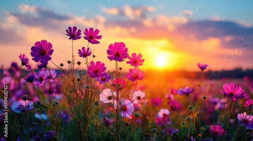 Blooming flowers in meadow under dreamlike glowing sky concept. Vibrant wildflowers at sunset, creating a serene nature scene.