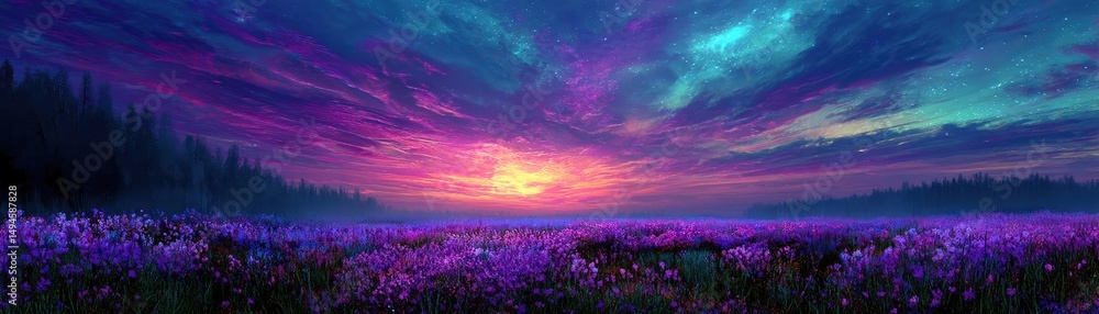 Obraz premium Blooming flowers in meadow under mystical vibrant tropical sky concept. A vibrant sunset over a field of blooming purple flowers.