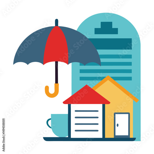 House property insurance, house and insurance document under umbrella vector illustration.