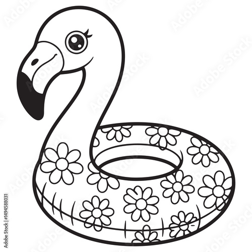 Cute Groovy Summer Line Art of a Flamingo Pool Float with Flower Patterns