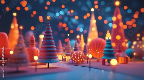 Enchanting holiday landscape with stylized trees and luminous festive atmosphere