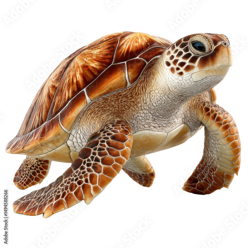 A detailed studio shot features a brown sea turtle with intricate patterns against a pristine white background, highlighting its textured skin and focused gaze.