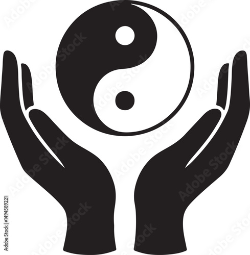 Silhouette of hands holding yin-yang symbol, representing balance, harmony, duality, peace, spirituality, and unity in a minimalist design.