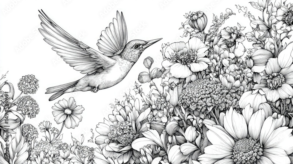 custom made wallpaper toronto digitalExquisite Black and White Hummingbird Illustration Hovering Near Floral Blooms in Intricate Nature-Inspired Artwork