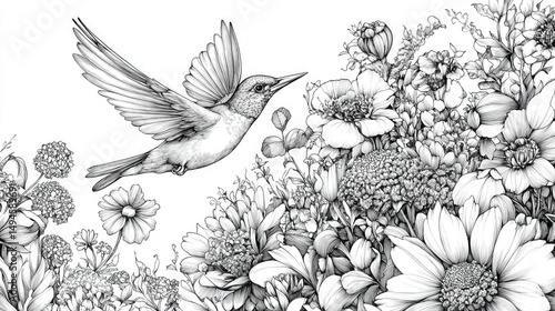 Wallpaper Mural Exquisite Black and White Hummingbird Illustration Hovering Near Floral Blooms in Intricate Nature-Inspired Artwork Torontodigital.ca