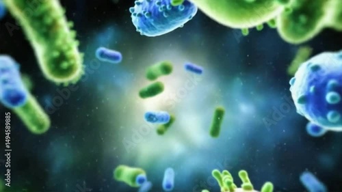 3D green and blue bacteria in microbiome setting represent digestive system, immune system defense, gut cleanse, digestive probiotics