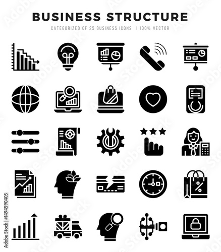 Set of Business Structure Icons. Simple Glyph art style icons pack.