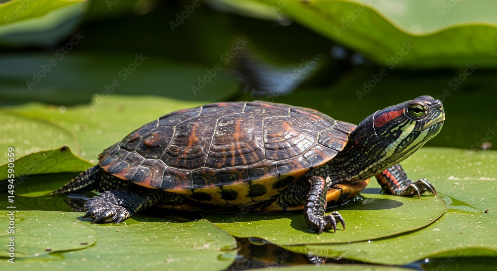 Fototapeta premium Red-eared Slider Turtle Basking on a Lily Pad