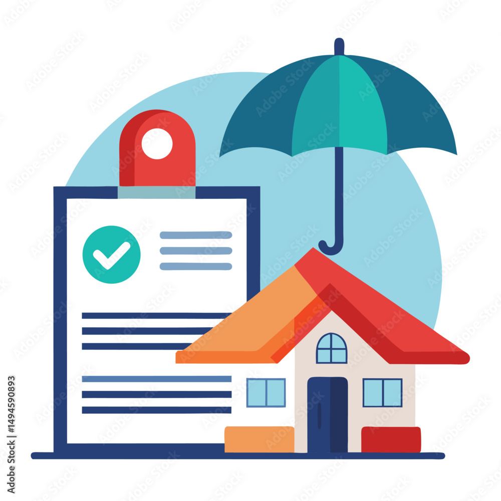 House property insurance, house and insurance document under umbrella vector illustration. House property insurance, house and insurance document under umbrella vector illustration.