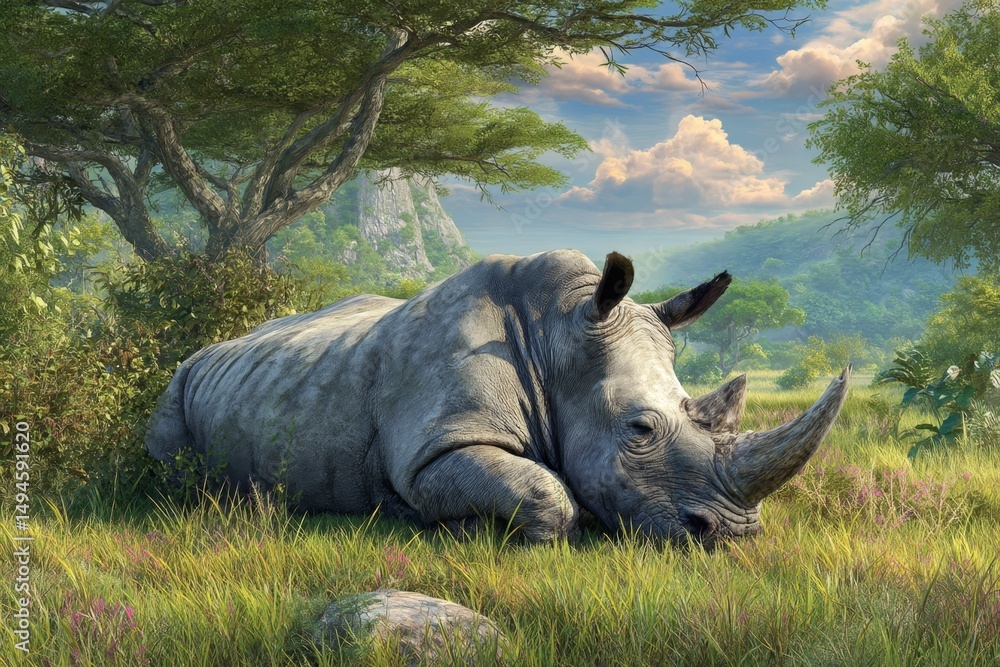 Fototapeta premium Resting Rhinoceros in Serene African Landscape with Lush Vegetation and Mountains in the Background