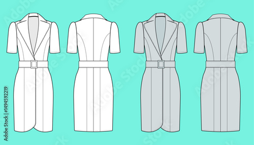 Ladies Short sleeve long leg Blazer colour way sets fashion flat sketch CAD mockup front and back views.
