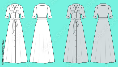 Ladies short sleeve gown Shirt colour way sets fashion flat sketch CAD mockup front and back views.
