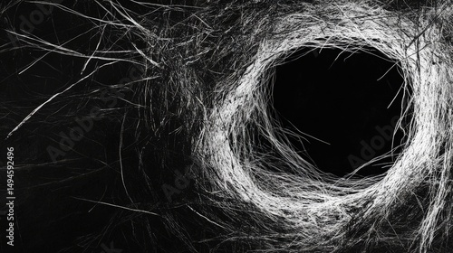 Monochrome abstract artwork featuring a dark circular void encircled by radiating, fibrous textures