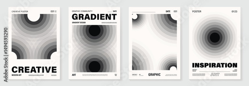 Abstract monochrome poster background vector set. Modern cover template with black and white perspective geometric prism shape. Ideal design for social media, banner, ads.