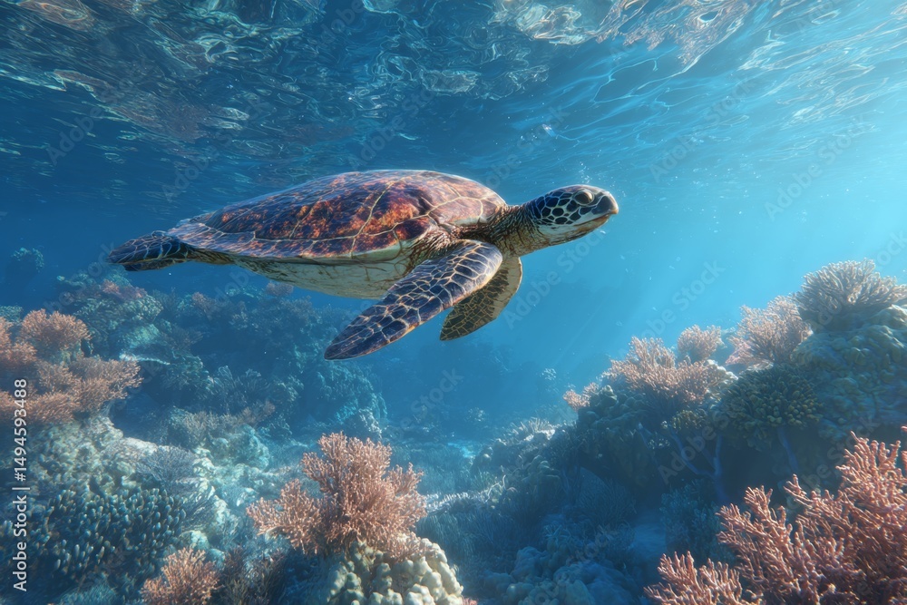 Fototapeta premium Majestic sea turtle gracefully swimming through vibrant coral reef in clear blue ocean water under sunlit surface