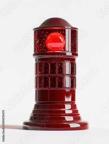 A dark red, glossy, cylindrical object resembling a miniature tower with a glowing red circular light at its top, featuring a textured, paneled midsection